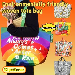 FXSAXUNN กระเป๋าถือกันน้ำแมวการ์ตูนกระเป๋าสะพายลายสายรุ้งกระเป๋าใส่ข้าวกลางวันกระเป๋าโท้ตช้อปปิ้ง PP ถักใช้ซ้ำได้