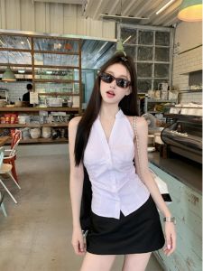 Áo Sơ Mi Nữ Không Tay Cổ Treo Ôm Vừa Vặn Mùa Hè Kẻ Sọc Thiết Kế Ngắn Thắt Eo Áo Sơ Mi Thường Ngày Chất Liệu Khác