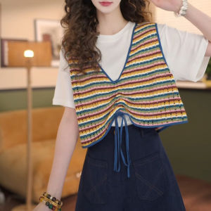 Shalldoer | Áo thun tay ngắn kẻ sọc hai mảnh thời trang mùa hè cho nữ áo thun cotton thoáng khí đa năng cổ tròn dáng rộng dài thường