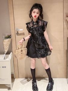 Girls Summer Style Reformed Cheongsam Hollow out Mesh Sleeveless Belted Dress Chinese Culture Influence Children Fashion Clothes