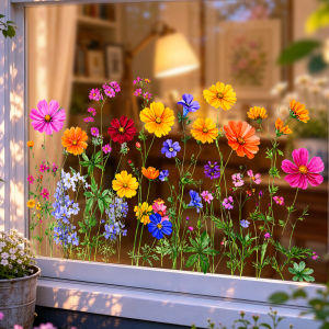 Colorful Wildflower Meadow Window Clings - Reusable Static Decals No ResidueFloral Stickers for Kitchen Living Room Balcony