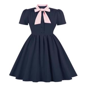 2025 New Hepburn Vintage Contrast Pink Tie Neck on Up Summer Dress Women 50 60s Party Clothing Elegant Pleated Swing Dresses