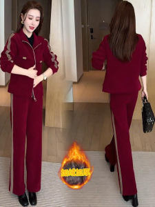 ชุดสองชิ้นผู้หญิง ชุดลำลอง หนา บุขนแกะ แฟชั่น ฤดูใบไม้ร่วง/ฤดูหนาว ใหม่ กระชับสัดส่วน กางเกงขากว้าง ชุดสองชิ้น แฟชั่น