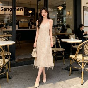 SANGMAN | Light Blue Sequin Fringe French Style V-neck Sleeveless Dress