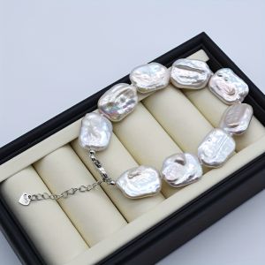 Baroque Pearl Bracelet Rectangular White Natural Freshwater Pearls And Adjustable Clasp Womens Fashion Bracelet