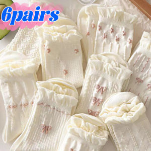 6Pairs White Bow Lace Socks Ballet Style Mid-tube Sock INS Kawaii Princess Sox Harajuku Sweet Ruffled Streetwears Hosiery for Women