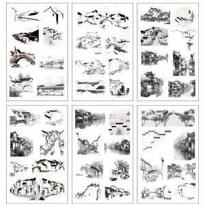 Traditional Chinese Ink Style PET Stickers Bamboo Landscape Lotus Flower Decorative Gukka Brick Handmade DIY Stationery