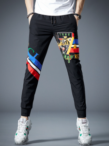 Ice Silk Printed Sports Pants Mens Summer Thin Casual Trousers Fashionable Urban Style Youth Fashion Trendy Breezy Loose Fit