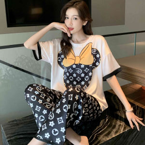 Luxurious Ice Silk Womens Sleepwear Set Short Sleeve Long Pants Thin Home Clothes Cool Feeling Summer Home Fashion Brand