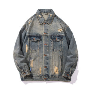 GTRG Trendy Casual Denim Jacket Mens Multi-Pocket Hole Design Heavyweight Street Style Ins Fashion Cotton Polyester Blend