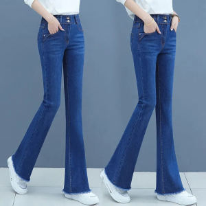 ฤดูใบไม้ร่วง 2022 ผู้หญิง เดนิม ขาตรง กางเกงยีนส์ สูง เอว ซิป ปิด กางเกงขายาว พรางหุ่น Micro Flare กางเกงขายาว ต่อต้านริ้วรอย