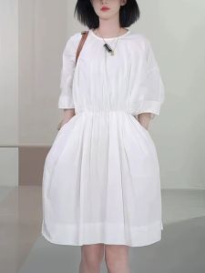 Summer New Design Short Sleeve Shirt Dress Pure White Waist-Cinching Slimming Womens Dress Commute Style Korean Version Casual