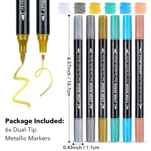 6pcs Dual-Tip Metallic Acrylic Markers 2-in-1 Fine&Brush Tip Paint Pens for Black PaperRock Painting CeramicWoodGlass Crafts