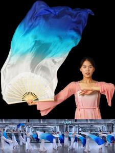 Lụa Quạt Khiêu Vũ Dài Lụa Quạt Lông Vũ Chuyển Đổi Hiệu Suất Múa Bụng Đạo Cụ Cá Lớn Hoa Mẫu Đơn Màu Xanh Chuyển Đổi Khiêu Vũ Cổ Điển Khiêu Vũ