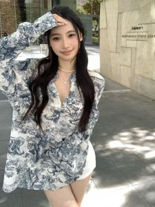 GUZILIAN | Elegant Animal Print Embroidery Loose Shoulder Womens Shirt Design Korean Style A-Line Dress Neck Hanging Autumn Fashion