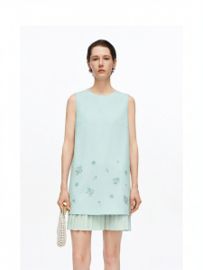 Vinegar Acetate Mix Green Flannel Beaded Sleeveless A-line Dress Patchwork Pleated