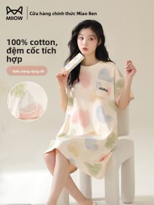 Áo ngủ nữ MiiOW làm bằng vải cotton tay ngắn mỏng rộng rãi thoải mái