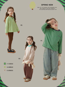 Girls Striped Long Sleeve T-Shirt Loose Fit Versatile Spring Autumn New Style Children Simple Cotton Polyester Blend Baby Clothes