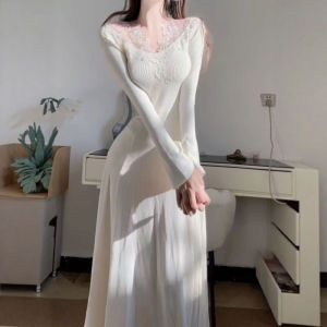 CHANGTONG | Elegant French Style V-neck Knitted Waist Cinching Long Dress
