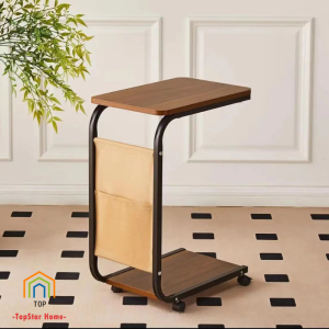Topstar Movable Side Table with Wheels Storage Bag Wooden Minimalist Coffee Table for Living Room Bedroom Bedside Table