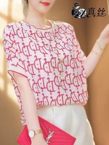 Elegant Short Sleeve Silk Shirt for Women Floral Print Casual Top Commute Style Regular Length Silkworm Silk Blend Summer New Arrival