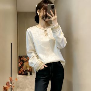 Floral Jacquard Chinese Style Long Sleeve Shirt Retro Slim Fit for Plus Size