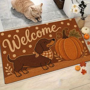 VIKAMA Fall Dachshund Dog Pumpkin Doormat Non Slip Dirt Trapping Floor Mat For Entryway Front Porch Thanksgiving Home Decor