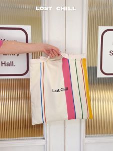 Lost Chill Original Design Contrast Color Striped Double-Sided Letter Canvas Bag ความจุขนาดใหญ่ Casual Tote for Youth