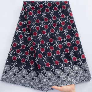 African Cotton Lace Fabric 2026 Red Embroidered Floral Swiss Voile Lace with Rhinestones for Wedding Party Dresses Sewing Suppli