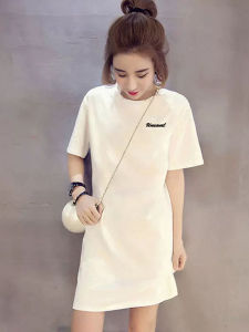 White Long Slim Fit Short Sleeve T-Shirt Womens High Waist Dress Korean Style Commute Print Cotton Summer Fashion 2024