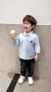 Áo sơ mi tay dài phối kẻ thêu gấu cho bé trai đi chơi đi tiệc sành điệu 1 đến 7 tuổi BERNIE H0724A39