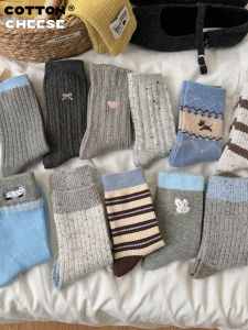 Grey Cashmere Womens Mid-Calf Socks Autumn Winter Thickened Warm Japanese Style Cute Striped Heart Woolen Long Socks