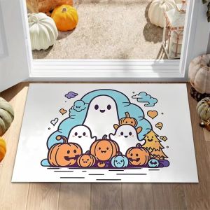 VIKAMA Halloween Ghost Doormat Color Gradient Ghost Witch Hat Star Print Non Slip Front Entrance Indoor Holiday Decor Floor Rug