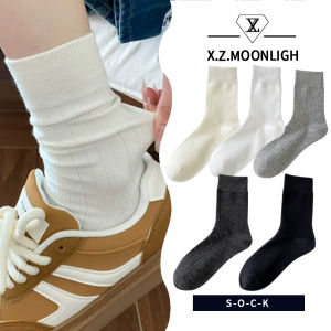 X.Z.MOONLIGH Miu Style Solid Color Vertical Strip Slim Cotton Socks Mid-Calf Socks Pure Cotton Spring and Autumn Socks