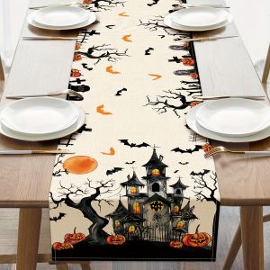 1Pc Halloween Themed Table Runner with Bat Pumpkin and Haunted House Pattern Suitable for Party Restaurant Home Market Holiday Decoration Scene.