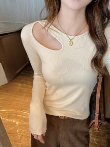 MiiOW | Áo thun dệt kim tay dài khoét rỗng cho nữ MiiOW Áo sơ mi cổ tròn mùa thu thường ngày màu trơn dài vừa vặn