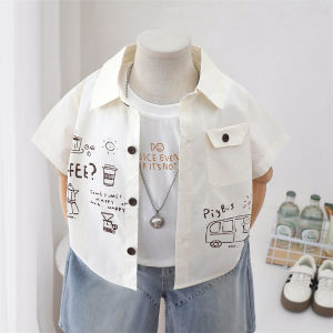 Boys White Short Sleeve Pure Cotton Casual Loose Thin Summer Shirt Childrens Car Coat 2-9 Years Old Comfortable Breathable Top