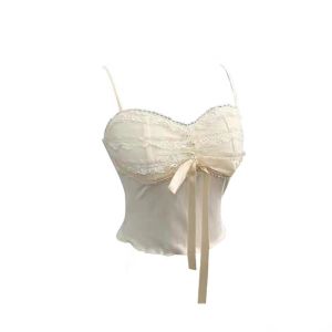 เสื้อครอปผู้หญิงแขนกุดคอวีพร้อมโบว์ผูกด้านหน้า ทรงเข้ารูป เสื้อชั้นในเสริมหน้าอก ชุดชั้นในแบบสวมค้างคาว เสื้อคลุมอเนกประสงค์