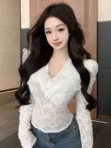 GUZILIAN | French Style White V-Neck Lace Shirt Womens Autumn Winter Slim Fit Long Sleeve Top Butterfly Waist Cinched Korean Commute Style