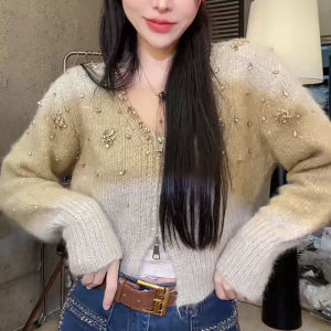 Elegant V-Neck Knitted Open Cardigan Womens Top Heavy Embroidery Design Sensation Sweater Korean Style Long Sleeve Cashmere