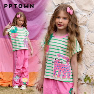 PPTOWN | Cat Pattern Striped T-Shirt