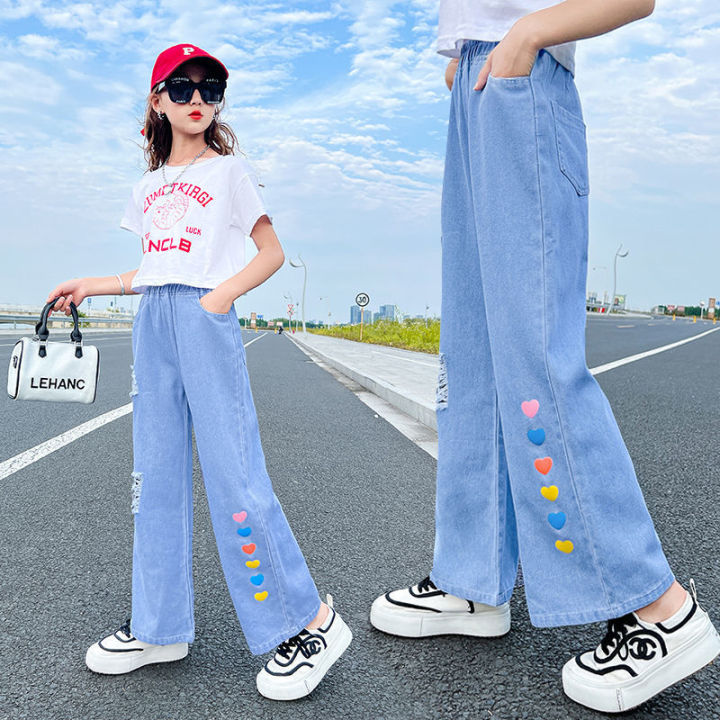 2023 Causal Pants for kids Girl Hearts Pattern Ripped Wide Leg
