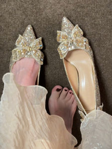 Crystal Butterfly Knot High Heels Womens Fashion Wedding Shoes Thin Heel Evening Party Shoes Sweet Style Low Heel Glue Bottom