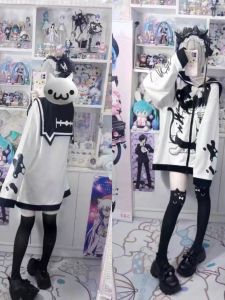 Y2K กองทัพเรือหูแมวสไตล์ญี่ปุ่น ปกเสื้อ เสื้อสเว็ตเชิ้ต ผู้หญิง ฤดูใบไม้ผลิ ฤดูใบไม้ร่วง ลำลอง ซิป เสื้อแจ็คเก็ต เสื้อผ้าบ้านพิมพ์ลายแมวตัวเล็ก