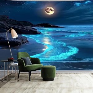 VIKAMA Blue Ocean Beach Tapestry Đêm Đầy Sao Trăng Tròn Sóng Biển Phát Sáng Thiên Nhiên Treo Tường Nghệ Thuật Cho Phòng Ngủ Trang Trí Ven Biển