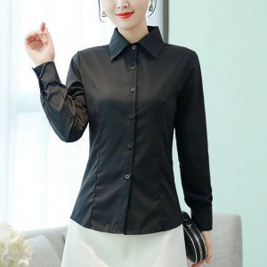 Áo Sơ Mi Dài Tay Màu Đen Cho Nữ Mùa Thu 2025 Áo Sơ Mi Công Sở Rộng Rãi Thường Ngày Cổ Polo Không Tay Áo Dài Tay