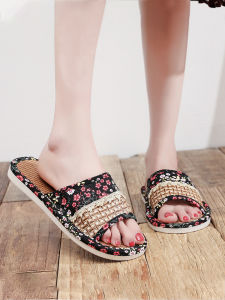 รองเท้าแตะยางกันลื่นสำหรับฤดูใบไม้ผลิและฤดูร้อน สไตล์ลำลอง รองเท้าแตะแบบสวมสำหรับทั้งชายและหญิงในบ้าน พื้นรองเท้าแตะทำจากไผ่ พื้นรองเท้าแตะทำจากยาง