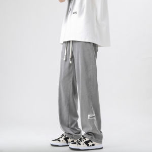 กางเกงลำลองชายผ้าไหมน้ำแข็งบางฤดูร้อน กางเกงขายาวทรงตรงหลวมๆ สีเทา กางเกงขายาวลำลอง ผ้าฝ้ายผสมโพลีเอสเตอร์ ทรงหลวม ทรงตรง