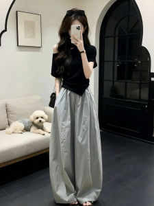 QINWEIYU | Bộ Quần Dài Ống Rộng Và Áo Thun Cổ Trễ