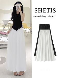 miiow | White Ice Silk High Waist Thin Wide Leg Pants Skirt High Waist Summer 2024 New Style MiiOW Cat Person Matching All Seasons